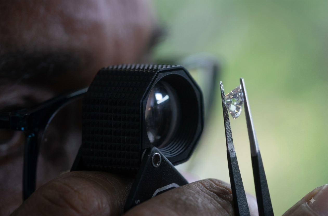 Jeweller setting a diamond into a gold ring under a loupe